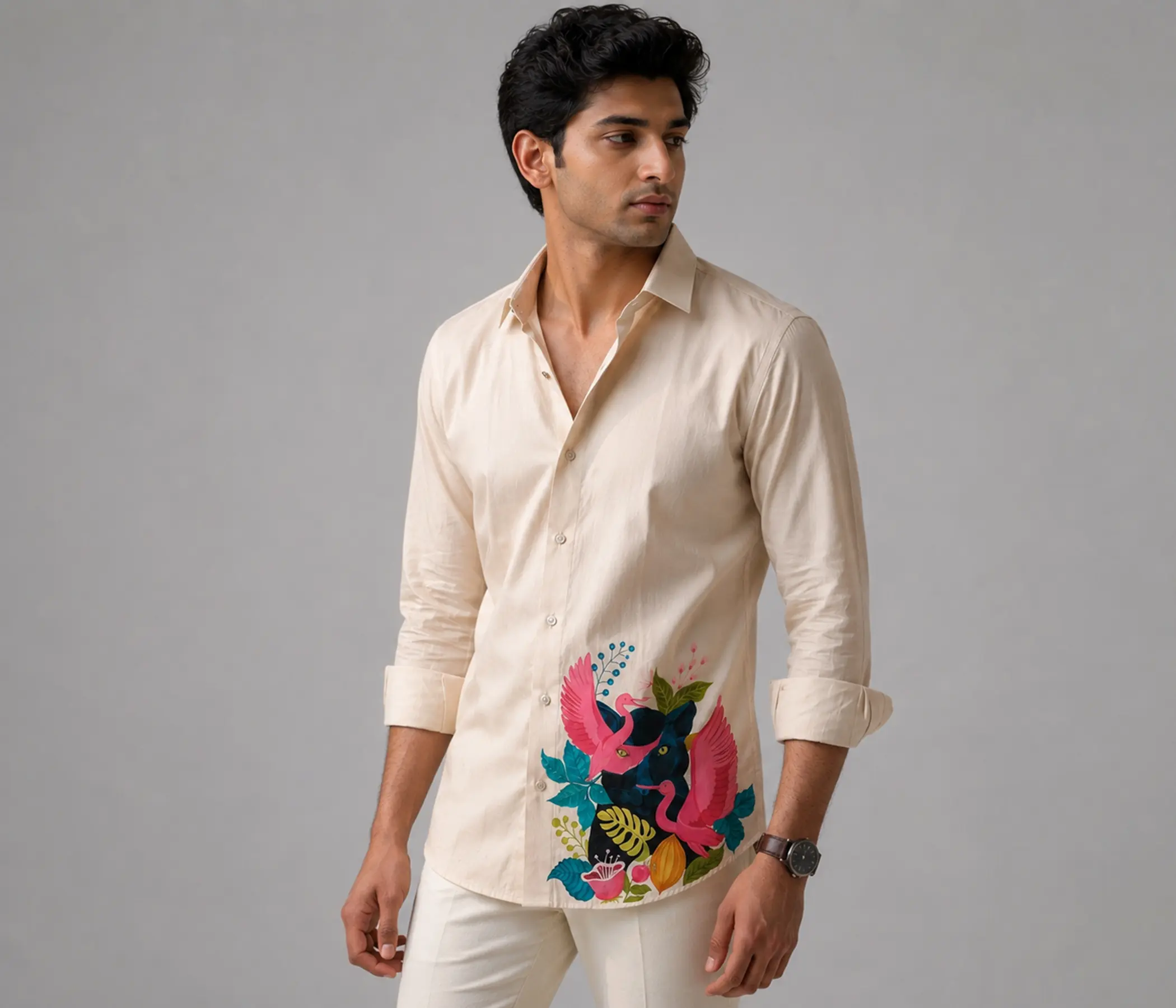 Handpainted men's beige shirt with pink flamingos, black panther, and tropical botanical artwork.